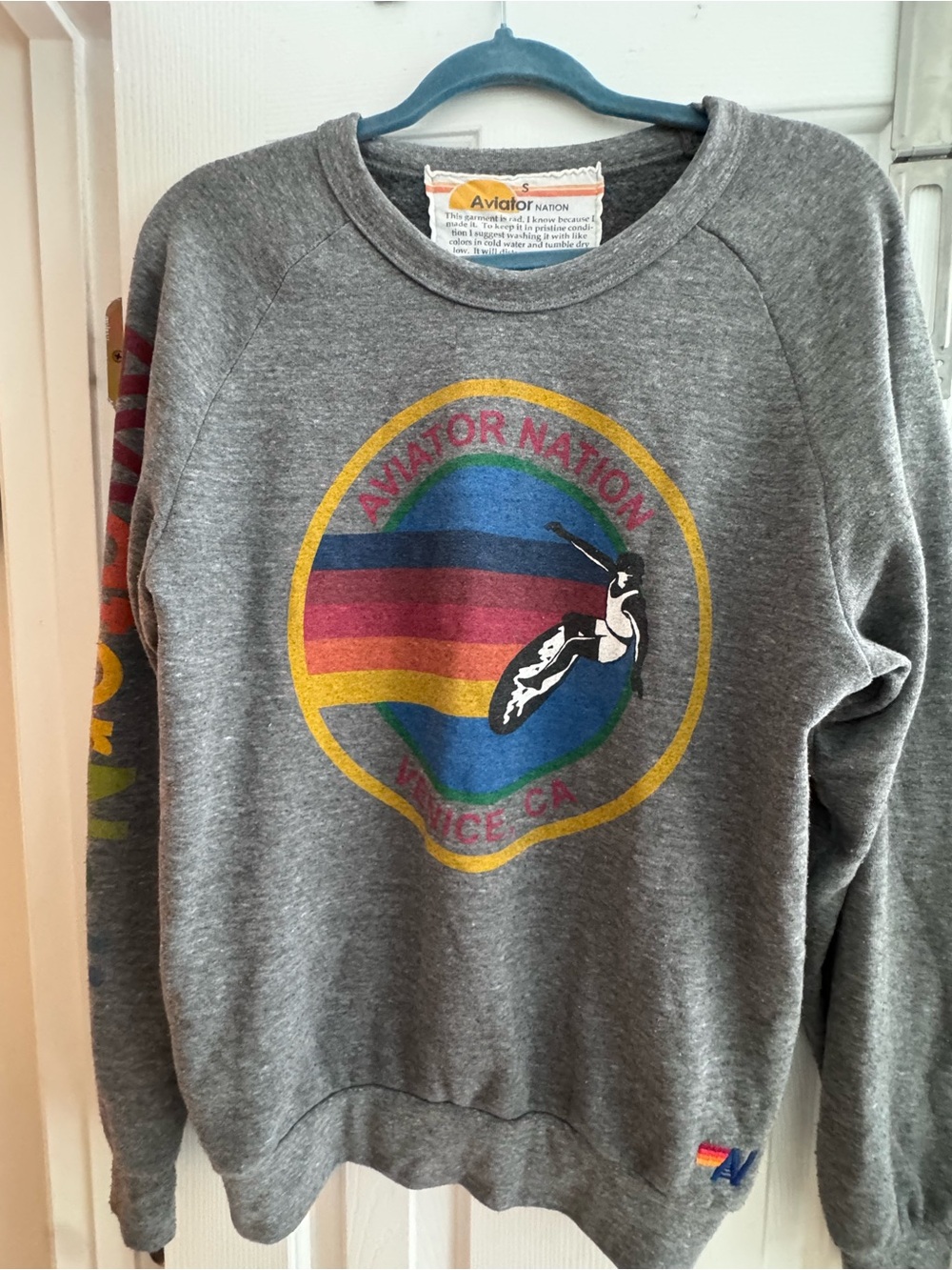 Aviator Nation Gray Crewneck with Rainbow Retro Emblem